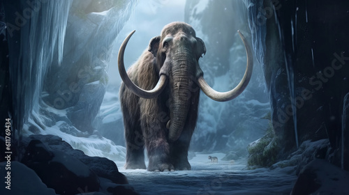 Mammoths prehistoric animals of the ice age  portraits of ancient elephants. Created in AI.