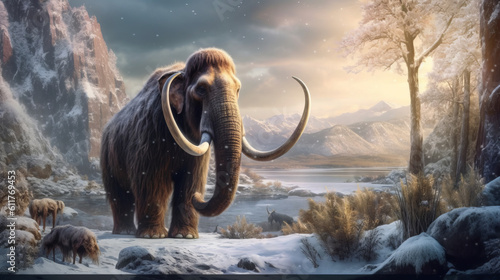 Mammoths prehistoric animals of the ice age  portraits of ancient elephants. Created in AI.