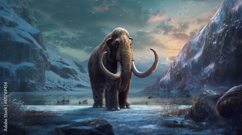 Mammoths prehistoric animals of the ice age  portraits of ancient elephants. Created in AI.