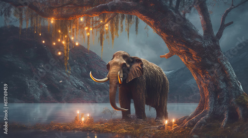 Mammoth prehistoric animals of the ice age, ancient elephant stand by the tree with candles at night. Created in AI.