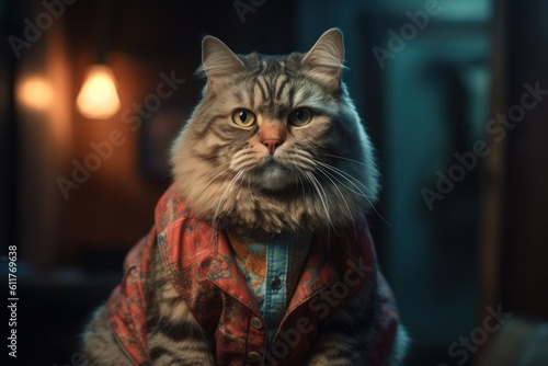 Anthropomorphic fat cat dressed in human clothing in casual style. Humanized animal concept. AI generated