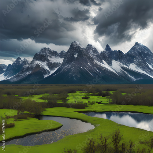 Blue sky and mirror  river and lake  mountains Mountain nature Summer landscape  Generative AI