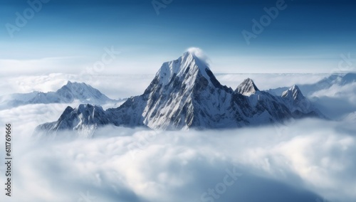 Mountain top surrounded by clouds. Climate change concept. AI generated, human enhanced.