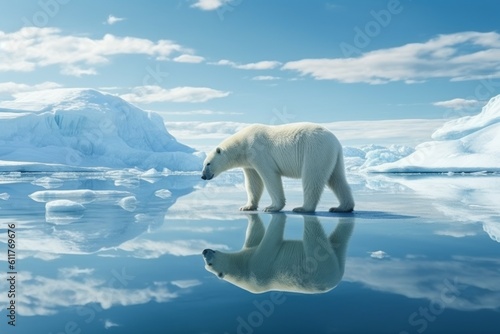 Polar bear on a melting ice floe. Climate change concept. AI generated  human enhanced.