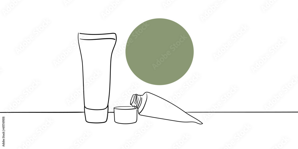 Cosmetics set line brushes tube with green shape on white background. Minimal design templtate card Cosmetics set line brushes tube with green shape on white background. Minimal design templtate card