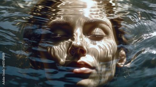 Print op canvas Sensual portrait of a girl in theatrical art style, a woman with closed eyes underwater
