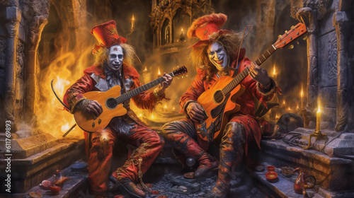 Rock musicians in the medieval style of jesters and funny clowns play guitars and balalaikas in the castle dungeon. Created in AI.