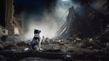 The dog survived after the disaster, fire and earthquake. The dog sits in the ruins of the building. Created in AI.