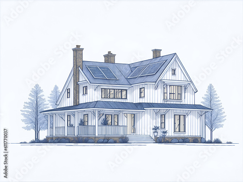 Beautiful cottage with solar panels. AI generated illustration