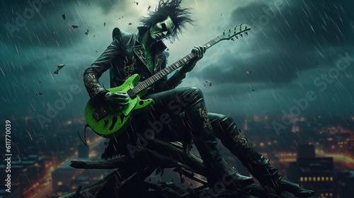 Rock and roll musician in steampunk joker style plays the guitar  clown on the roof of a skyscraper in a storm. Created in AI.