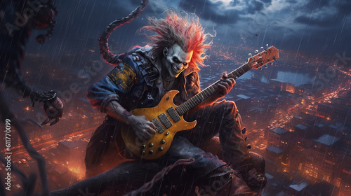 Rock and roll musician in steampunk joker style plays the guitar, clown on the roof of a skyscraper in a storm. Created in AI. © Ренат Хисматулин