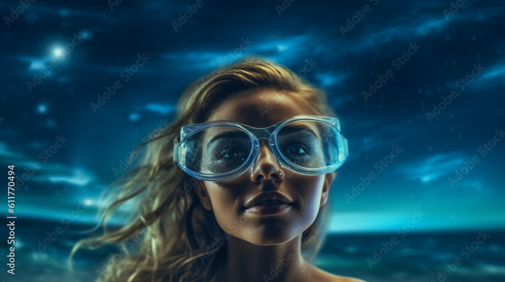 A young girl in an underwater mask swims in the night sea. Created with AI.