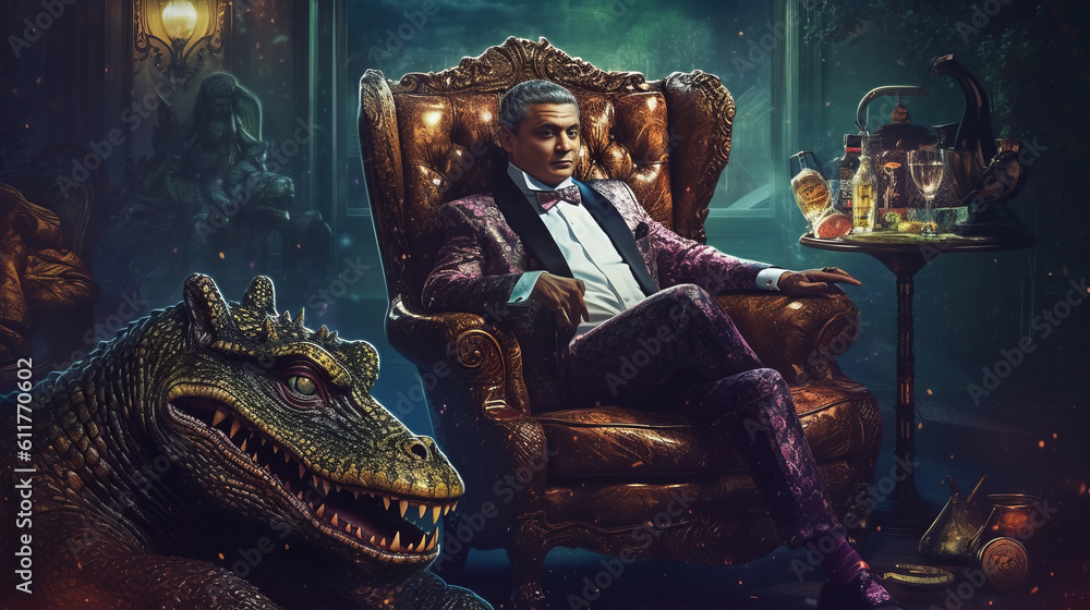 Portrait of a dark reptilian ruler, a secret agent ufo sits in a chair