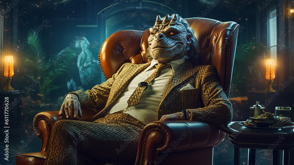 Portrait of a dark reptilian ruler, a secret agent ufo sits in a chair