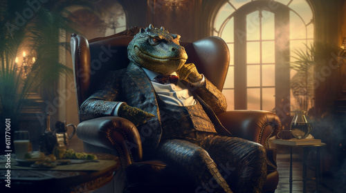 Fotografiet Portrait of a dark reptilian ruler, a secret agent ufo sits in a chair, a conspiracy of the Illuminati and Freemasons