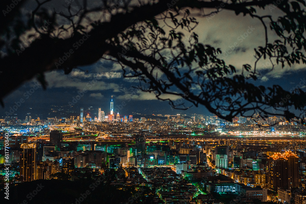 Fototapeta premium Night scenery of the Taipei city lights, evening time, seeing from top of the mountain. 