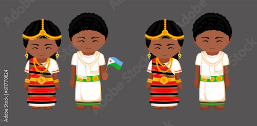 Djiboutian in national costume. Couple in Djibouti traditional clothes. Man and woman cartoon character. Isolated flat vector illustration.