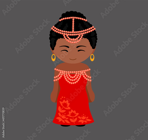 Beninese female cartoon character in traditional ethnic dress. Woman in national Benin costume. Isolated flat vector illustration.