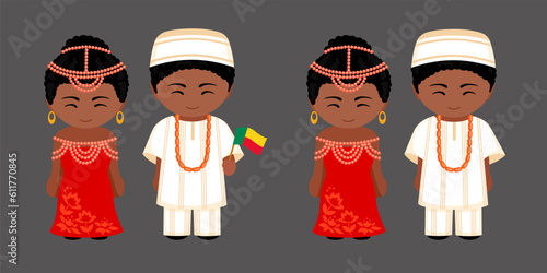 Beninese in national costume. Couple in Benin traditional clothes. Man and woman cartoon character. Isolated flat vector illustration.