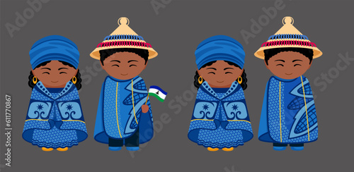 Lesotho national costume. Couple in Basotho blanket traditional clothes. Man and woman cartoon character. Isolated flat vector illustration.