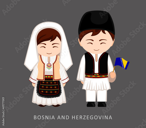 Woman and man in Bosnia and Herzegovina national costume. Bosnians couple, cartoon characters in traditional ethnic clothes. Flat vector illustration.