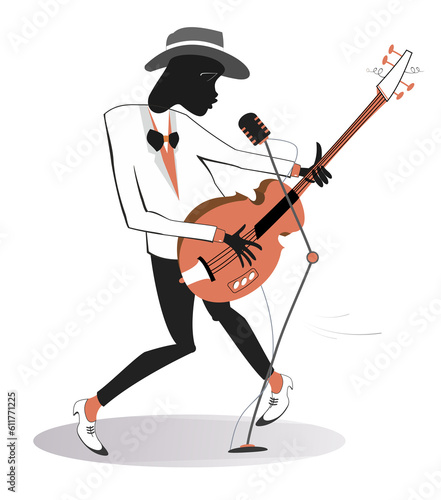 African singing guitar player illustration. 
African musician playing guitar and singing. Isolated on white background

