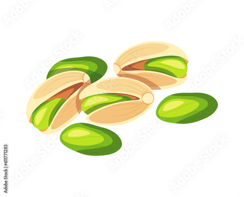 Pistachios isolated on white background. Vector illustration of a delicious handful of shelled and peeled pistachios in cartoon style. Pistachio icon. Healthy, organic snacks.