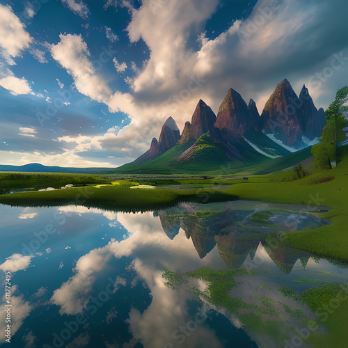 Atmospheric landscape, blue sky and mirror, river and lake, mountains Mountain nature Summer landscape, Generative AI © LIUBOMYR