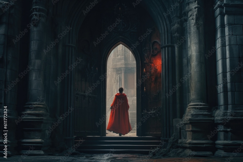 Gothic Silhouette of a Woman in a Red Cape in Front of a Doorway in a Dark Creepy Castle. Generative AI