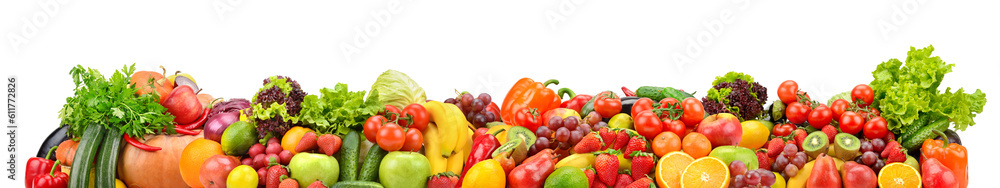 Wide panoramic photo fruits, vegetables, berries for your layout isolated on white