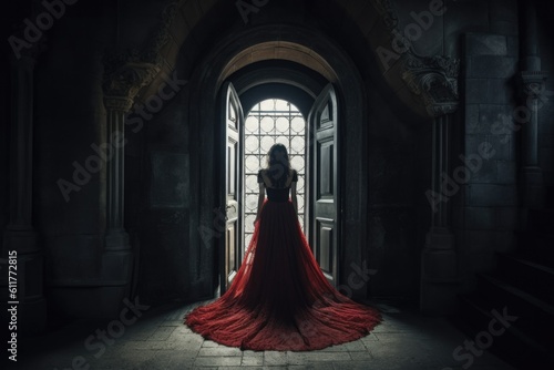 Gothic Silhouette of a Woman in a Red Cape in Front of a Window in a Dark Creepy Castle. Generative AI