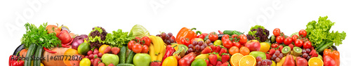 Wide panoramic photo fruits, vegetables, berries for your layout isolated on white