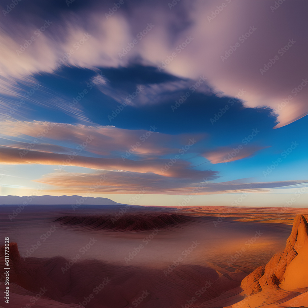 Panorama of stone desert. Sahara desert at dawn, mountain landscape with dust on the horizon, hills, Generative AI