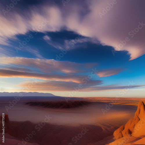 Panorama of stone desert. Sahara desert at dawn, mountain landscape with dust on the horizon, hills, Generative AI © LIUBOMYR