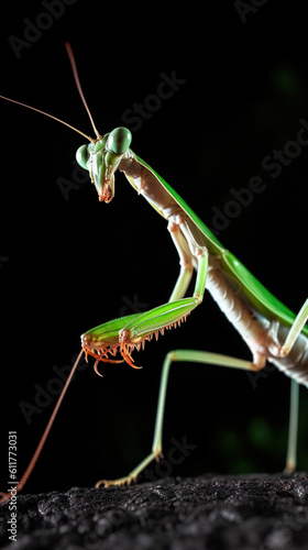 Mantis insect on a black background. Generative AI