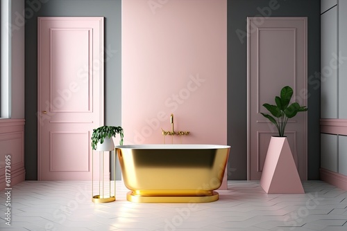 luxurious bathroom with pink walls and a golden bathtub. Generative AI
