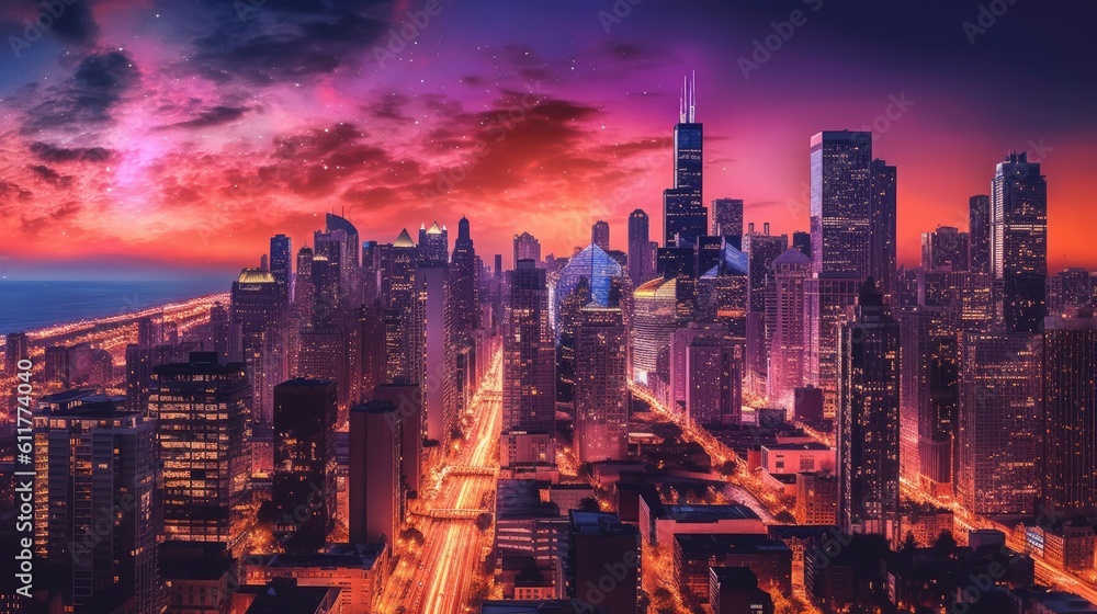 Obraz premium the essence of architectural beauty in a vibrant and modern city skyline. Use a drone and long exposure techniques to capture the lights and reflections generated AI