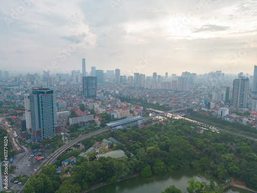 Aerial view of Hanoi Downtown Skyline with green garden park, Vietnam. Financial district and business centers in smart urban city in Asia. Skyscraper and high-rise buildings.