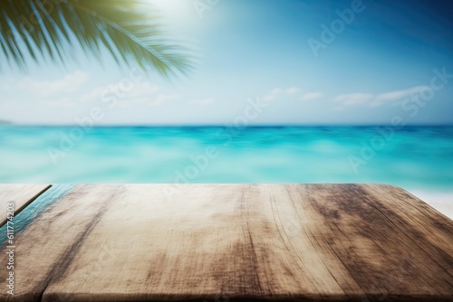 A blue wooden board and a misty, shimmering sea may be seen in the background. You may sell your products if you want to. Summertime travel concept. Generative AI