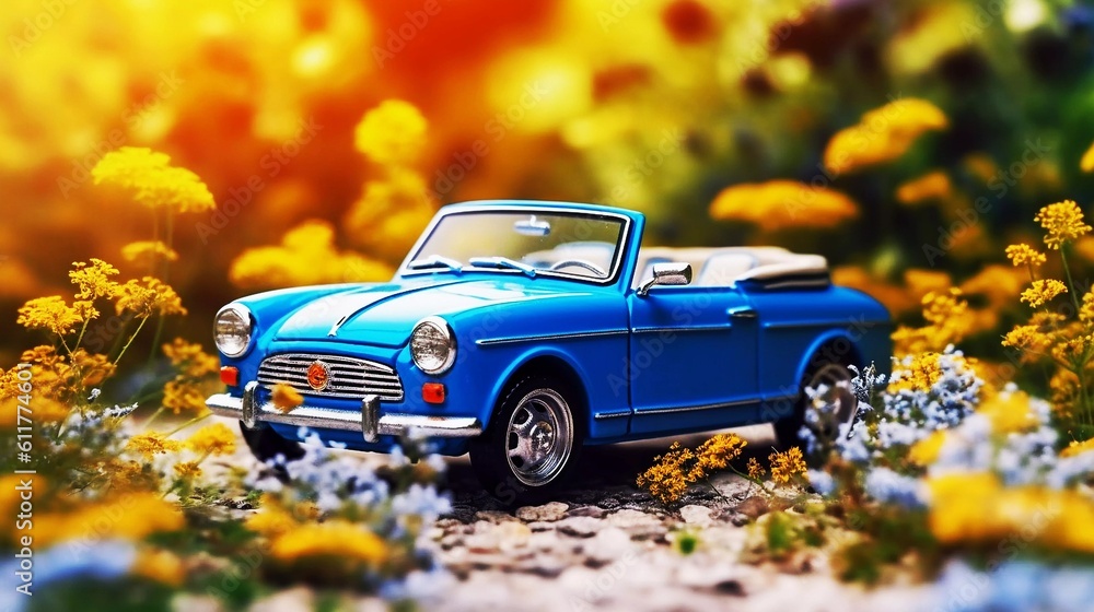 Retro car on a background of flowers, that city roads