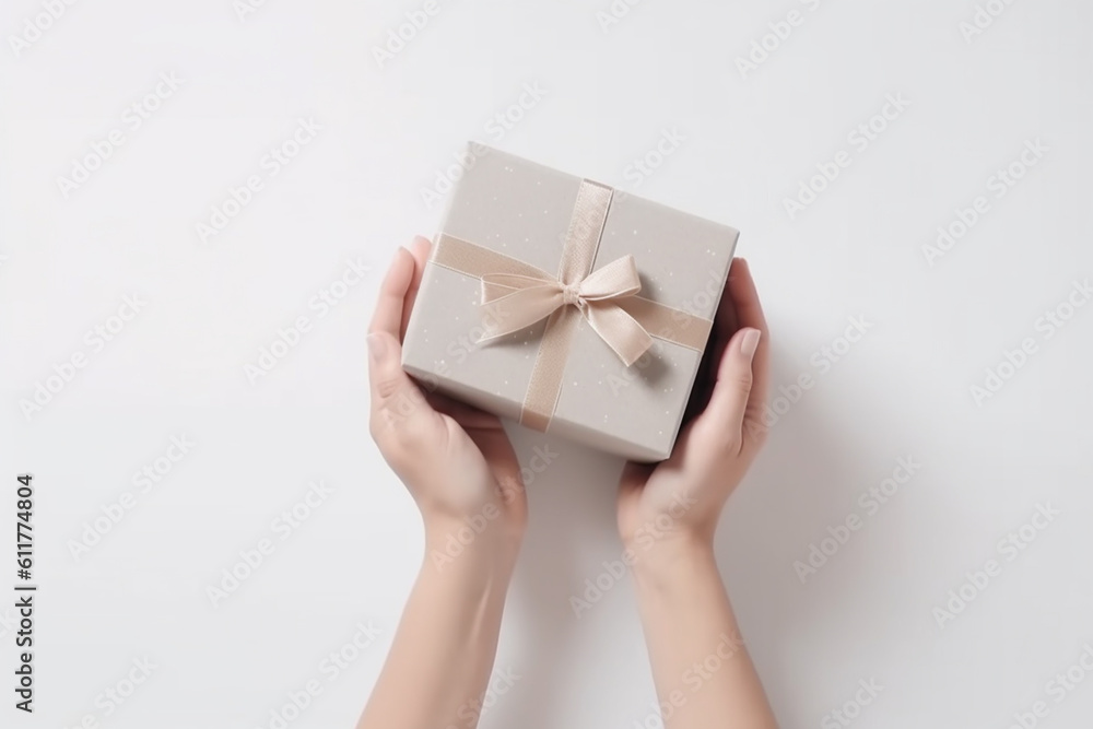 Grey giftbox in woman hands, top view, light background. Generative AI Grey giftbox in woman hands, top view, light background. Generative AI