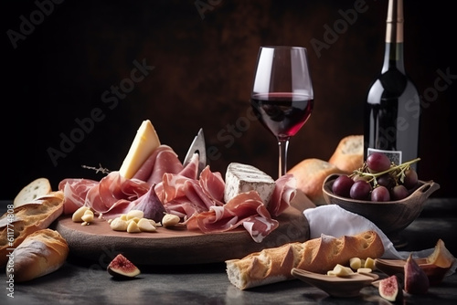Cheese plate woth delicatessen and red wine. Generative AI