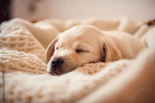 Funny sweet little puppy sleeping in a bed. Generative AI