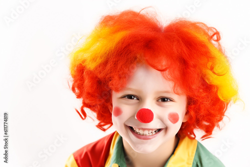 Little smiling boy clown on the white background. Generative AI