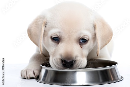 playful puppy eating delicious food from a colorful bowl. Generative AI