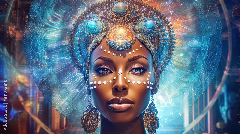 Mindfulness consciousness, New Age concept of Starseed. Beautiful african-black woman with opened chakra. Pineal gland glowing. Oneness, awakening enlightenment. Generative AI Mindfulness consciousness, New Age concept of Starseed. Beautiful african-black woman with opened chakra. Pineal gland glowing. Oneness, awakening enlightenment. Generative AI