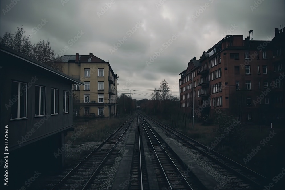 Fototapeta premium train tracks with urban skyline in the background. Generative AI
