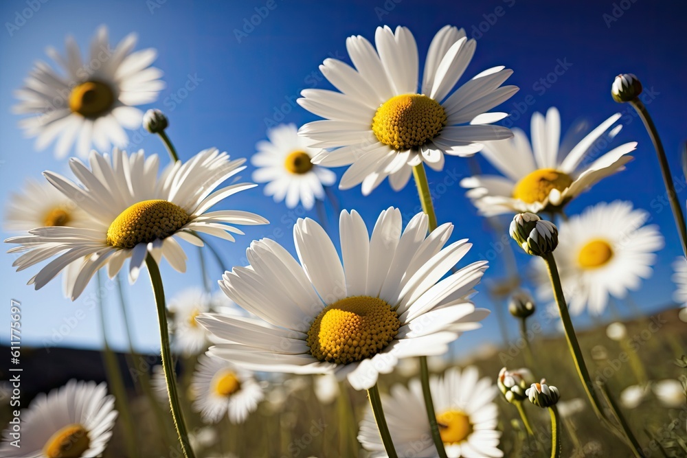 Fototapeta premium Daisies in white against a blue sky backdrop. Generative AI