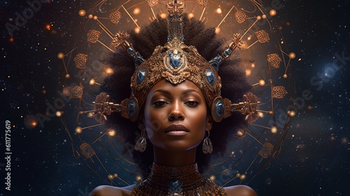 Mindfulness consciousness, New Age concept of Starseed. Beautiful african-black woman with opened chakra. Pineal gland glowing. Oneness, awakening enlightenment. Generative AI