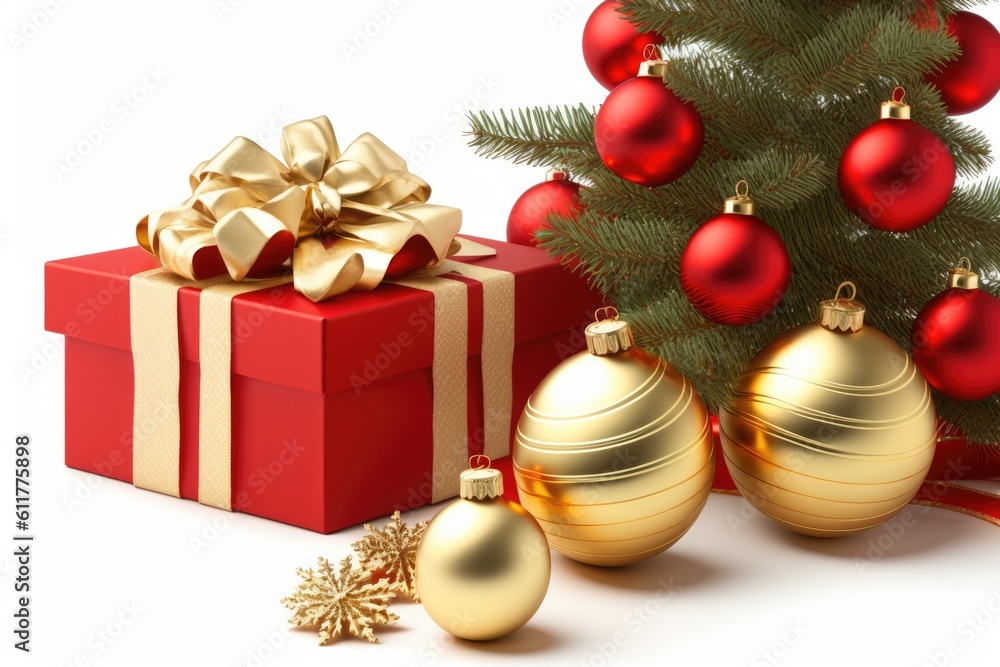 festively decorated Christmas tree surrounded by wrapped presents. Generative AI festively decorated Christmas tree surrounded by wrapped presents. Generative AI